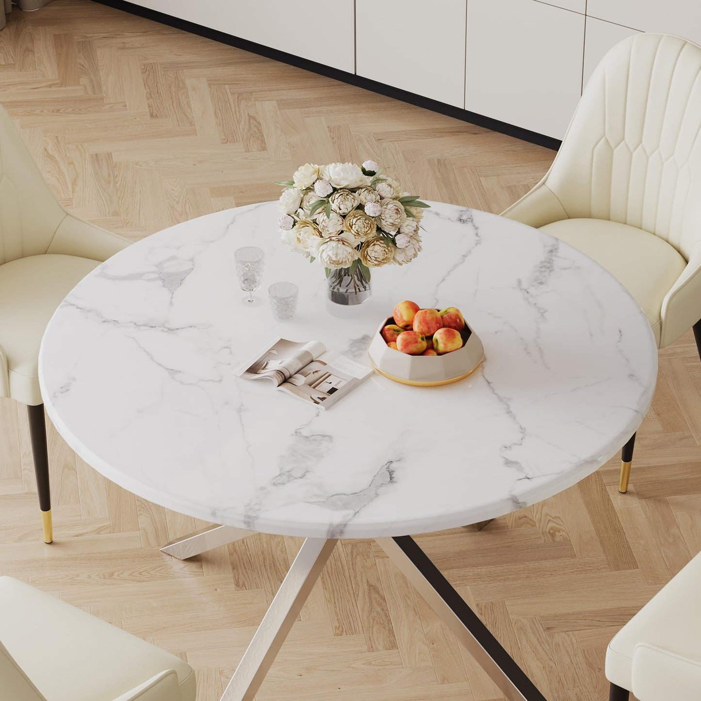 70 Inch White Marble Kitchen Table with Gold Mirrored Cabriole Legs