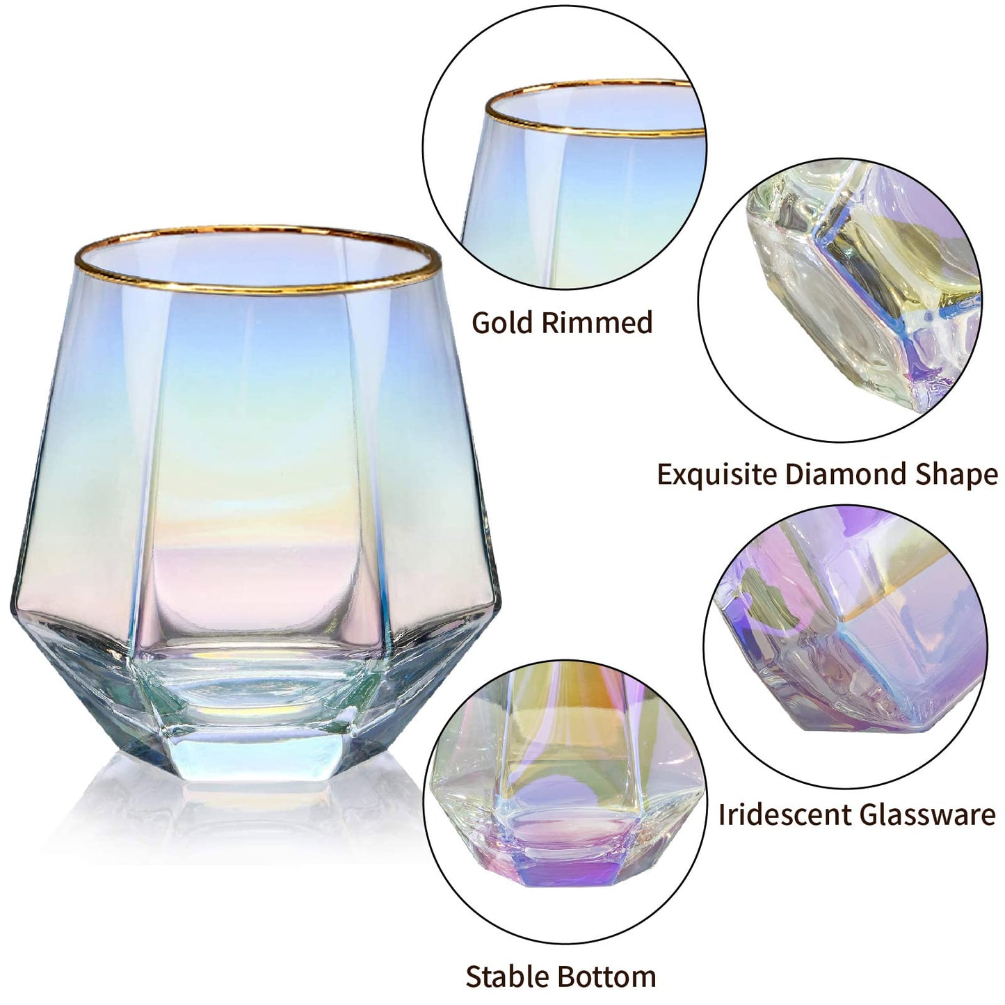 Diamond Wine Glass Set of 2, 10 OZ Modern Stemless Gold Rim