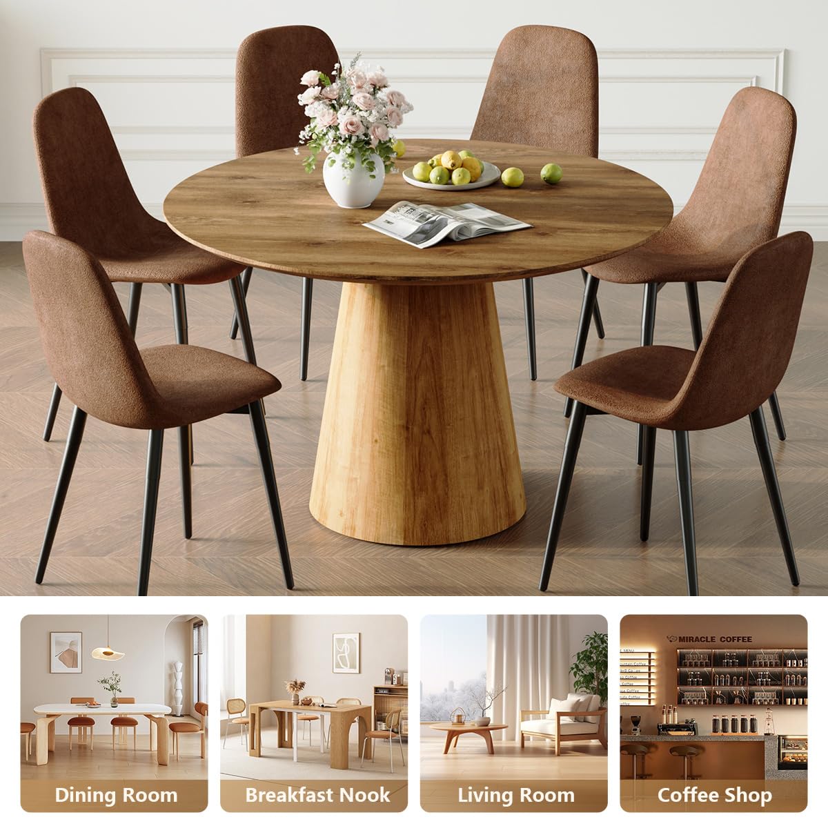 Round Dining Table Set for 6, 45''Round Wooden Dining Set