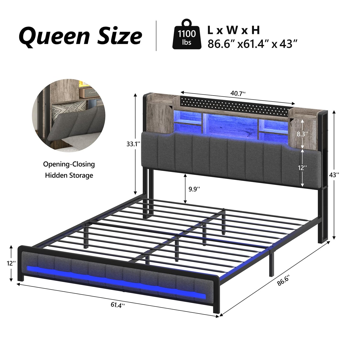 King LED Upholstered Metal Bed Frame with Storage Headboard