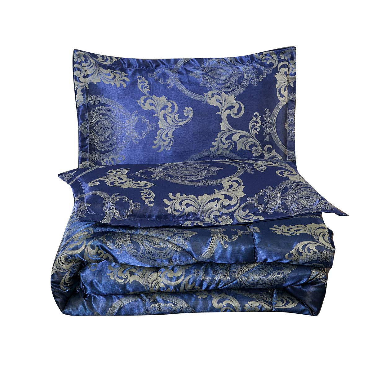 Comforter Set Satin Silk Blanket All Season Bed Luxury Royal Blue Jacquard