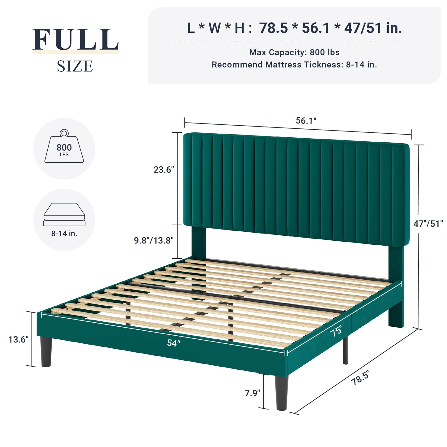 Velvet Upholstered Platform Bed with Adjustable Vertical Channel