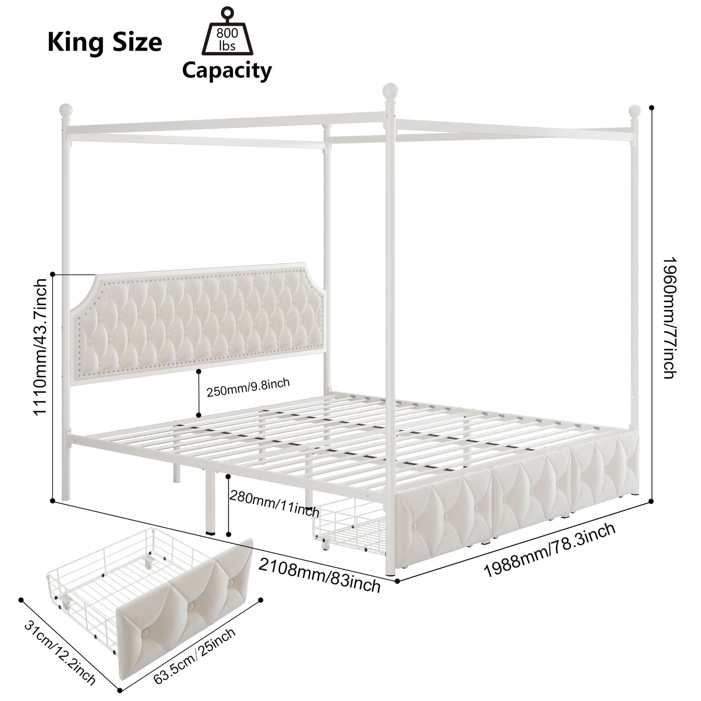 Upholstered Canopy Bed Frame with 2 Drawer and Button Tufted Headboard