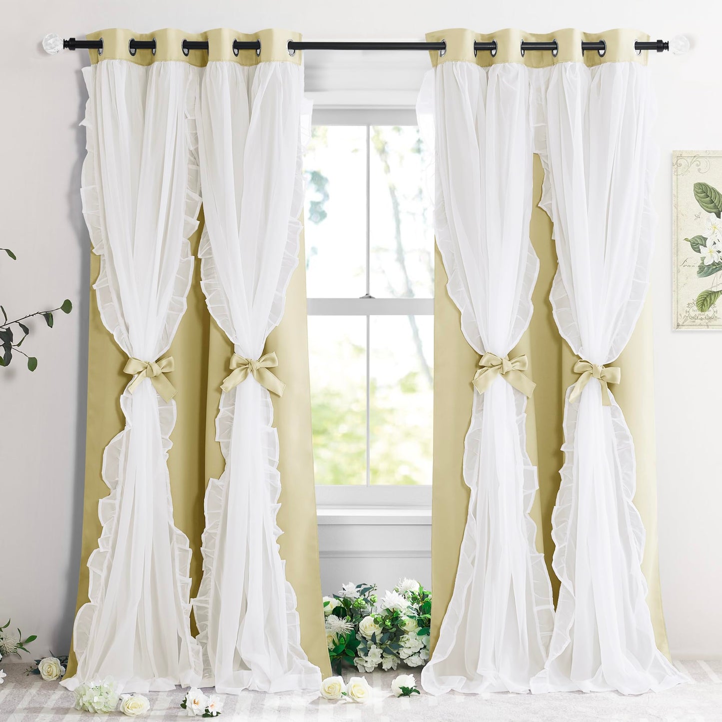 Blackout Window Treatment Double Layer Drapes Ruffle Sheer Overlay 2 Panels