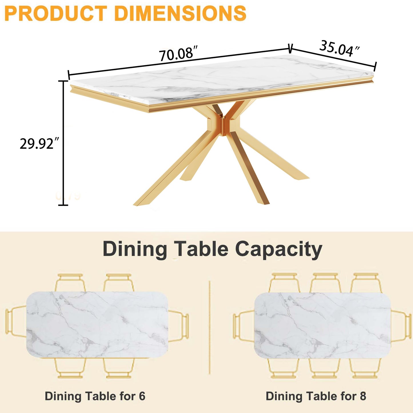 70 Inch White Marble Kitchen Table with Gold Mirrored Cabriole Legs