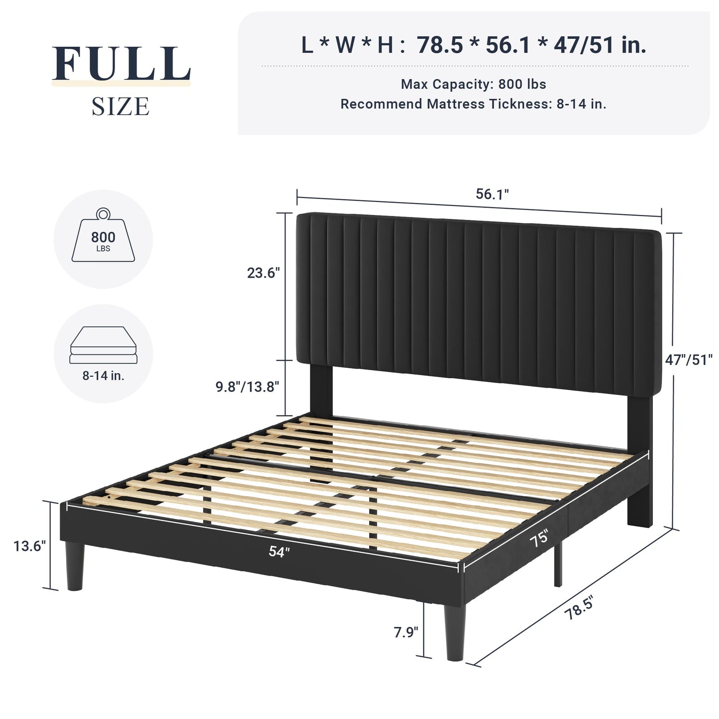 Velvet Upholstered Platform Bed with Adjustable Vertical Channel