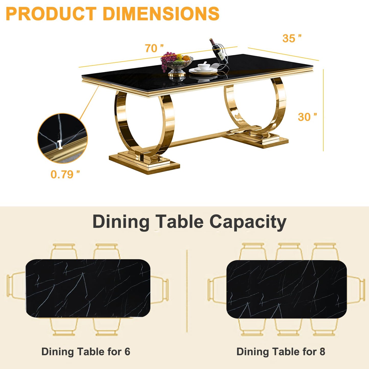 70 Inch White Marble Kitchen Table with Gold Mirrored Cabriole Legs