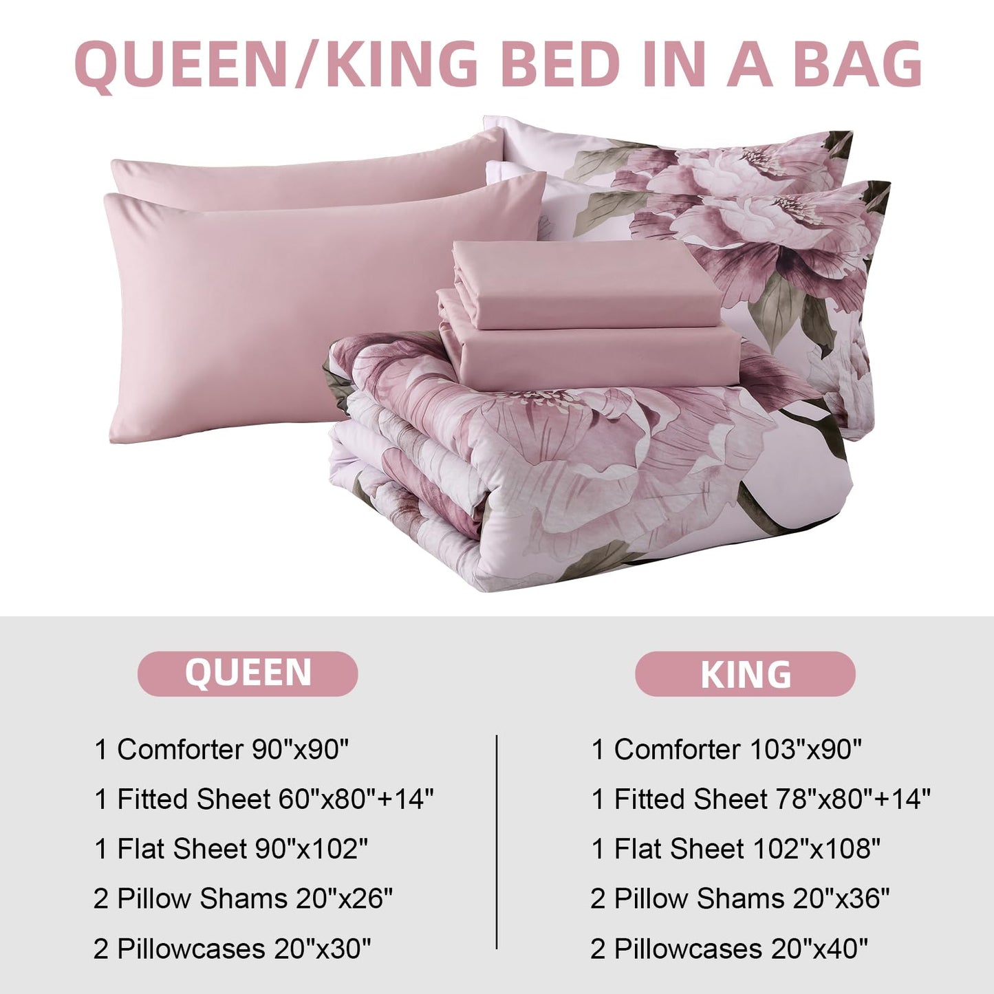 Black Queen Comforter Set 7 Piece Bed in a Bag, Pink Floral Printed