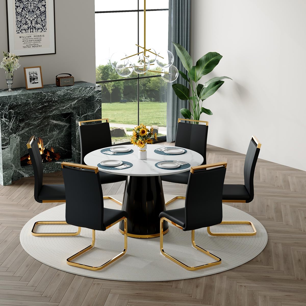 Round Dining Table Set for 6, 45''Round Wooden Dining Set