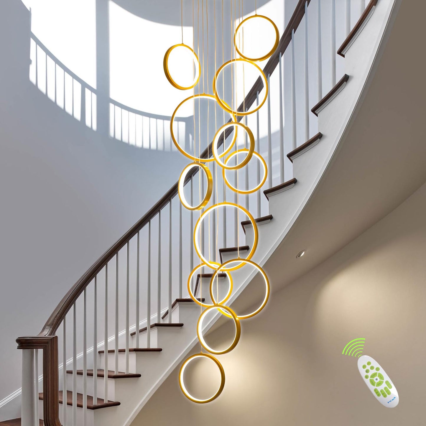 Gold Staircase Hanging 12 Ring Long Led Chandelier Dimmable with Remote Controller