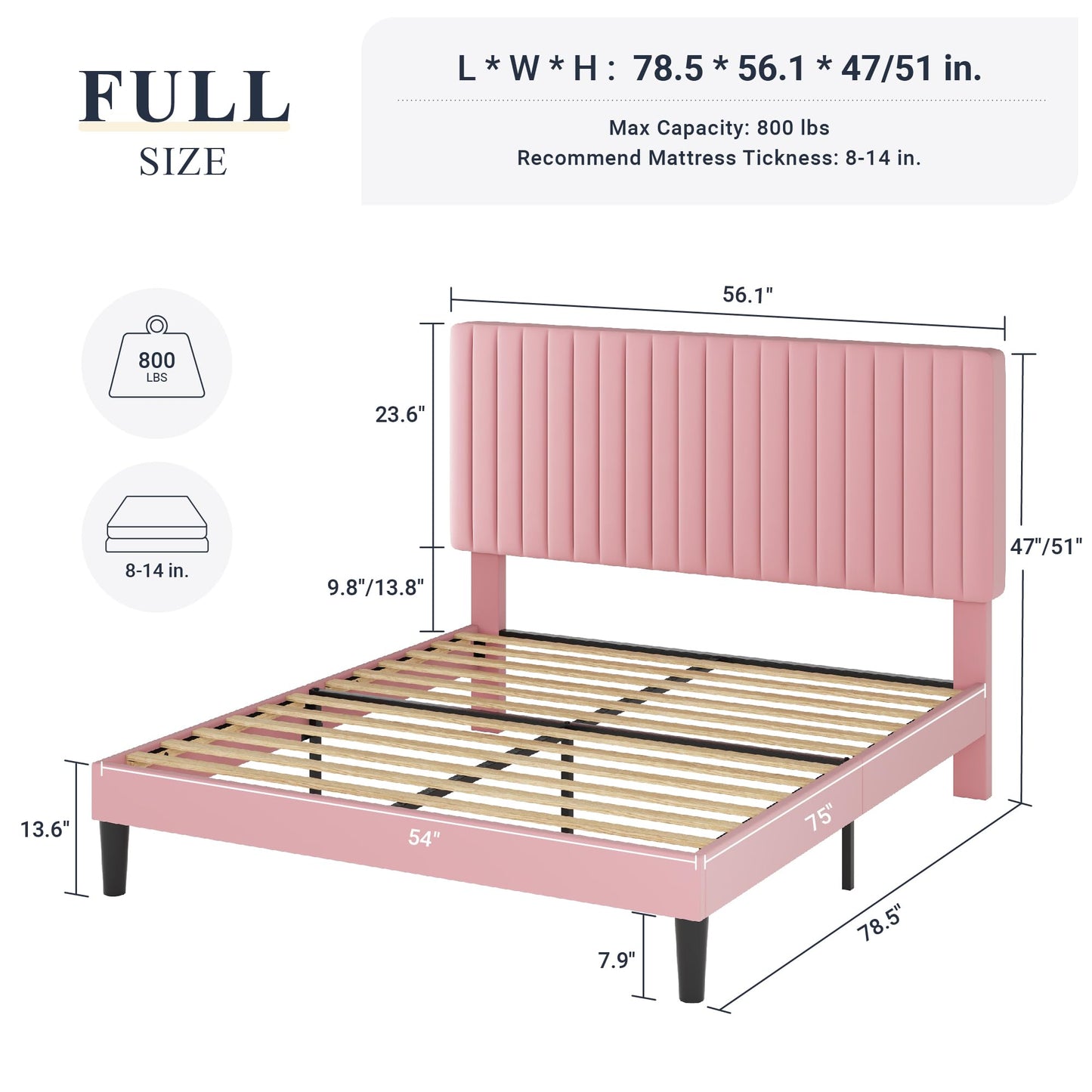 Velvet Upholstered Platform Bed with Adjustable Vertical Channel