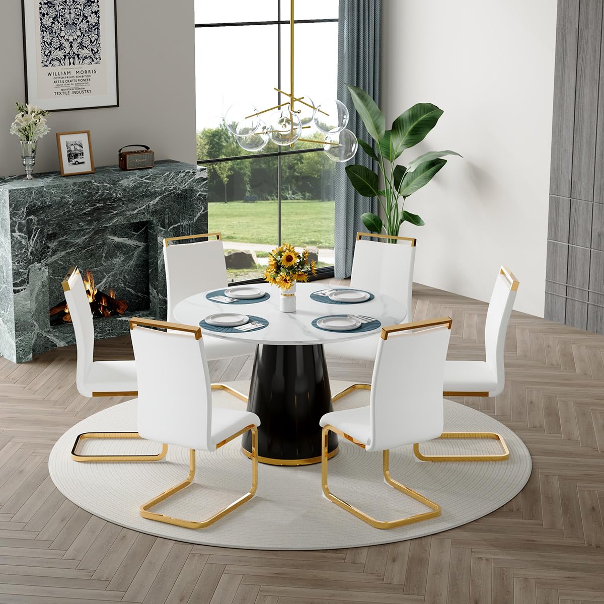 Round Dining Table Set for 6, 45''Round Wooden Dining Set