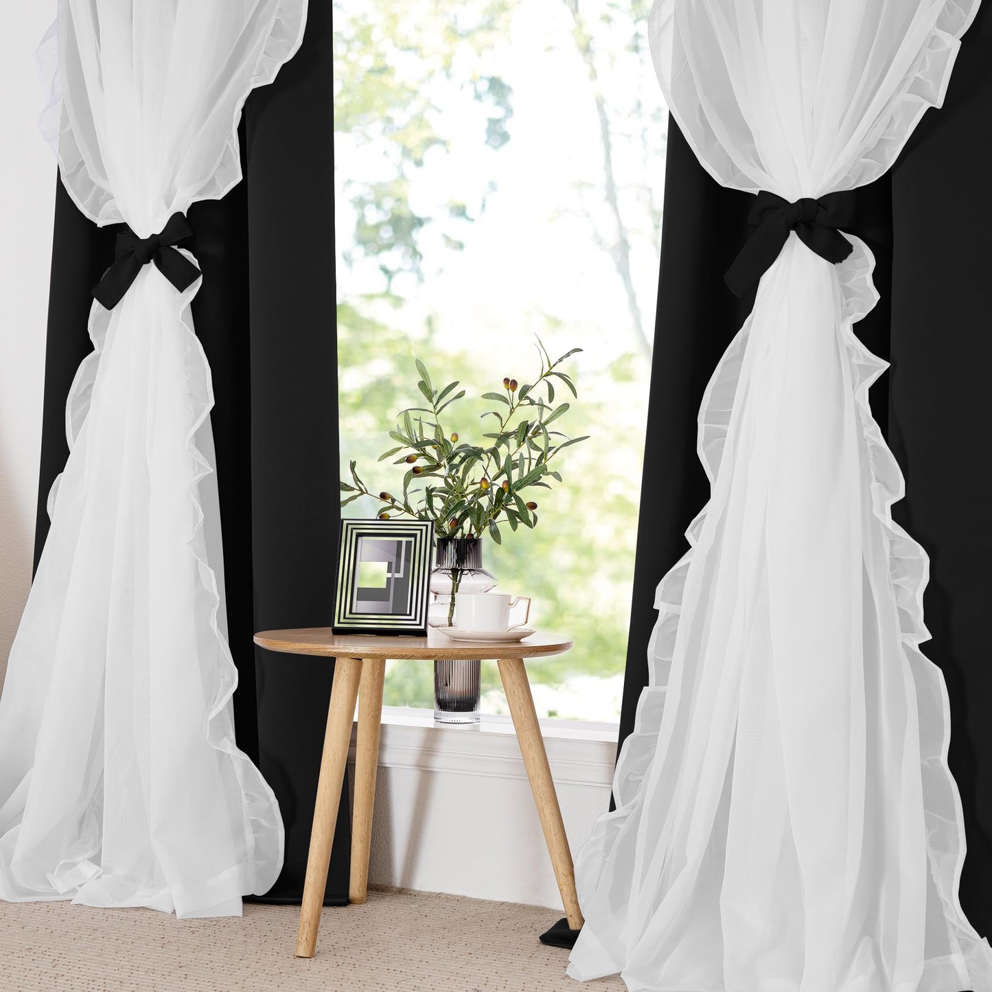 Blackout Window Treatment Double Layer Drapes Ruffle Sheer Overlay 2 Panels