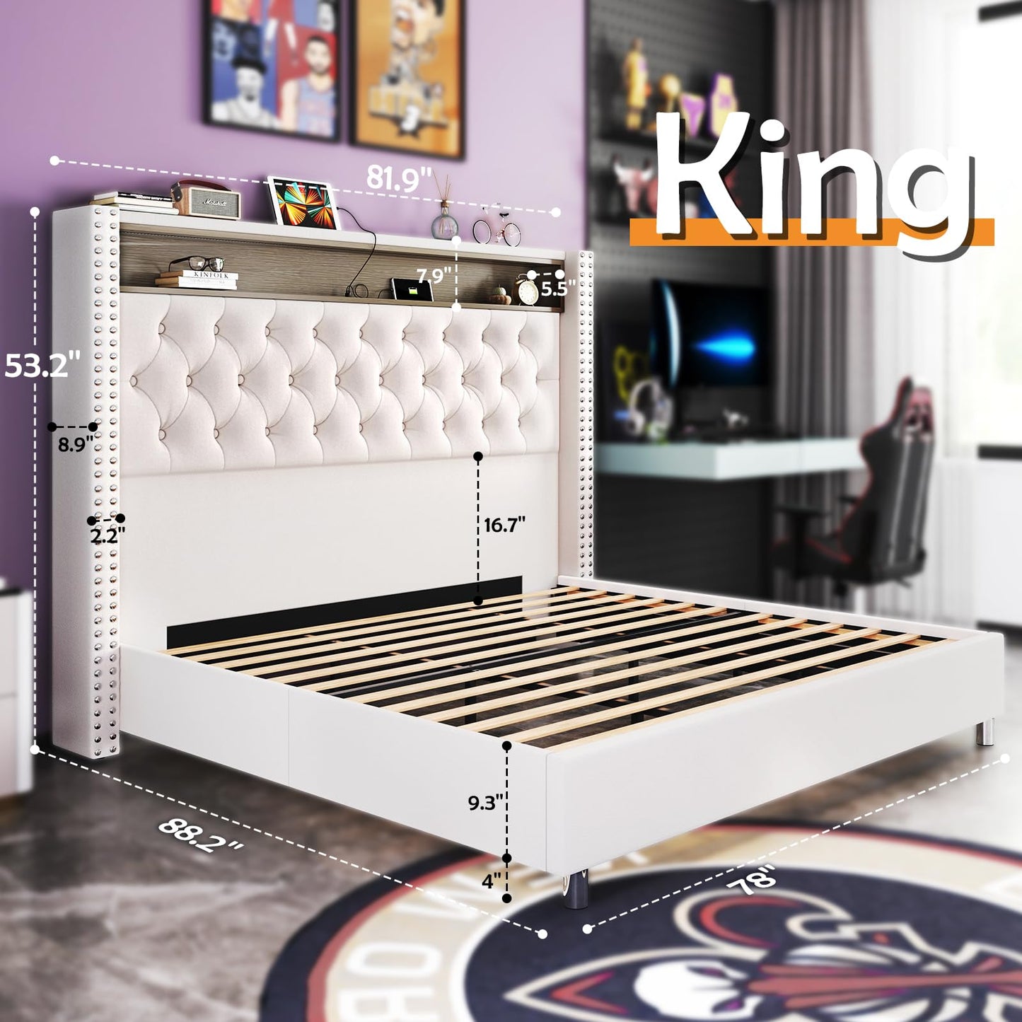 LED King Size Bed Frame and Headboard with Charging Station Velvet Upholstered