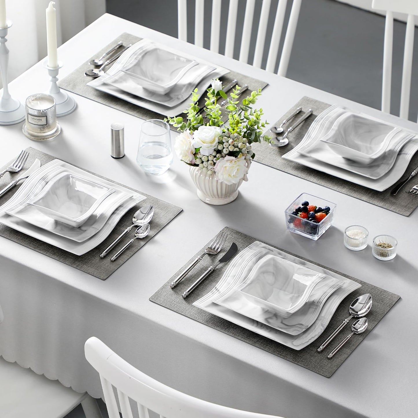 Dinnerware Sets, 12-Piece Porcelain Plates and Bowls Sets, Square Marble