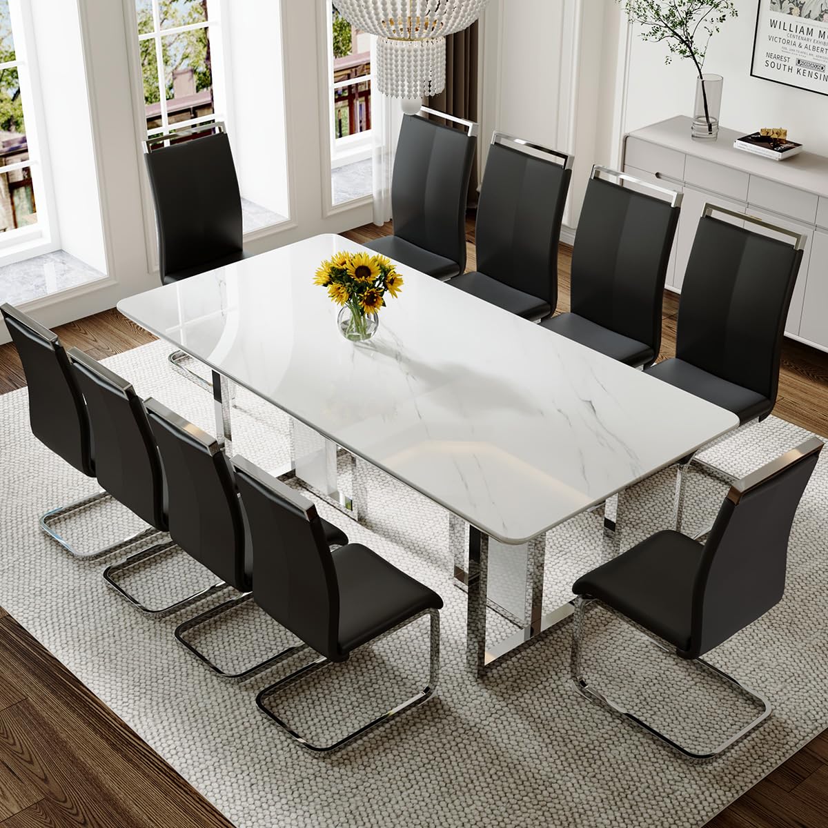 79" Black Modern Dining Table Set for 8,Black Golden Chairs