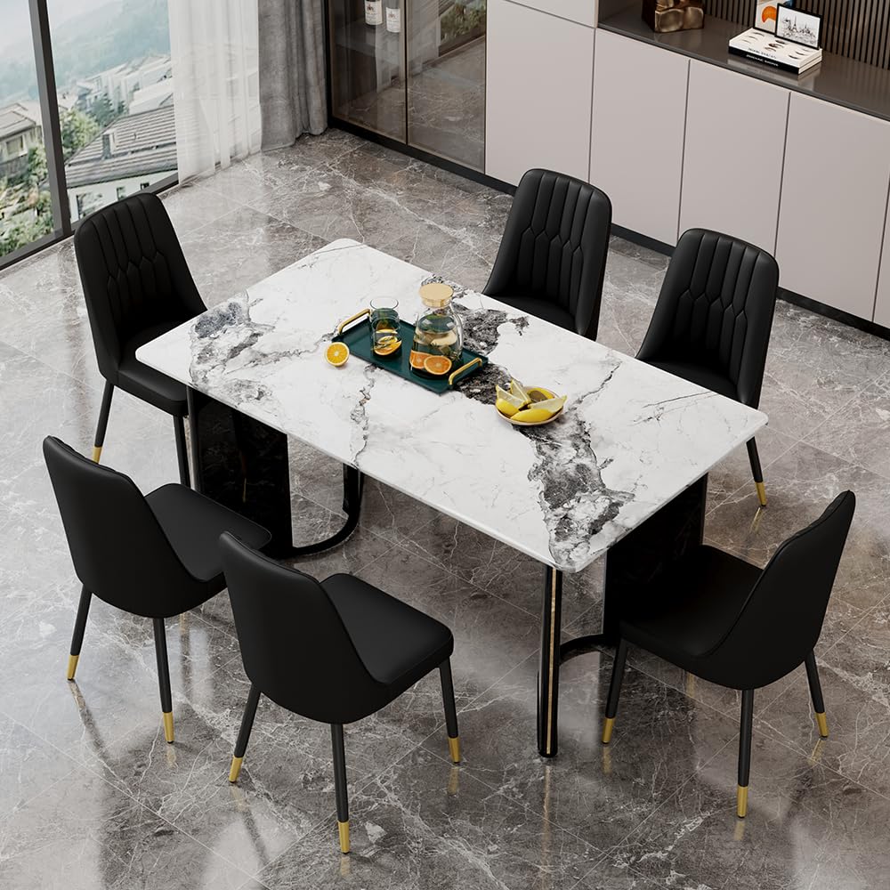 Dining Table Set for 6, White Faux Marble Pattern Table with 6 Modern Dining Chairs