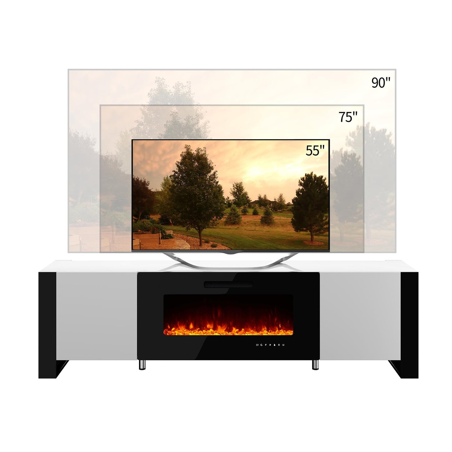 70" Fireplace TV Stand with 36" Electric Fireplace, High Gloss with LED Lights