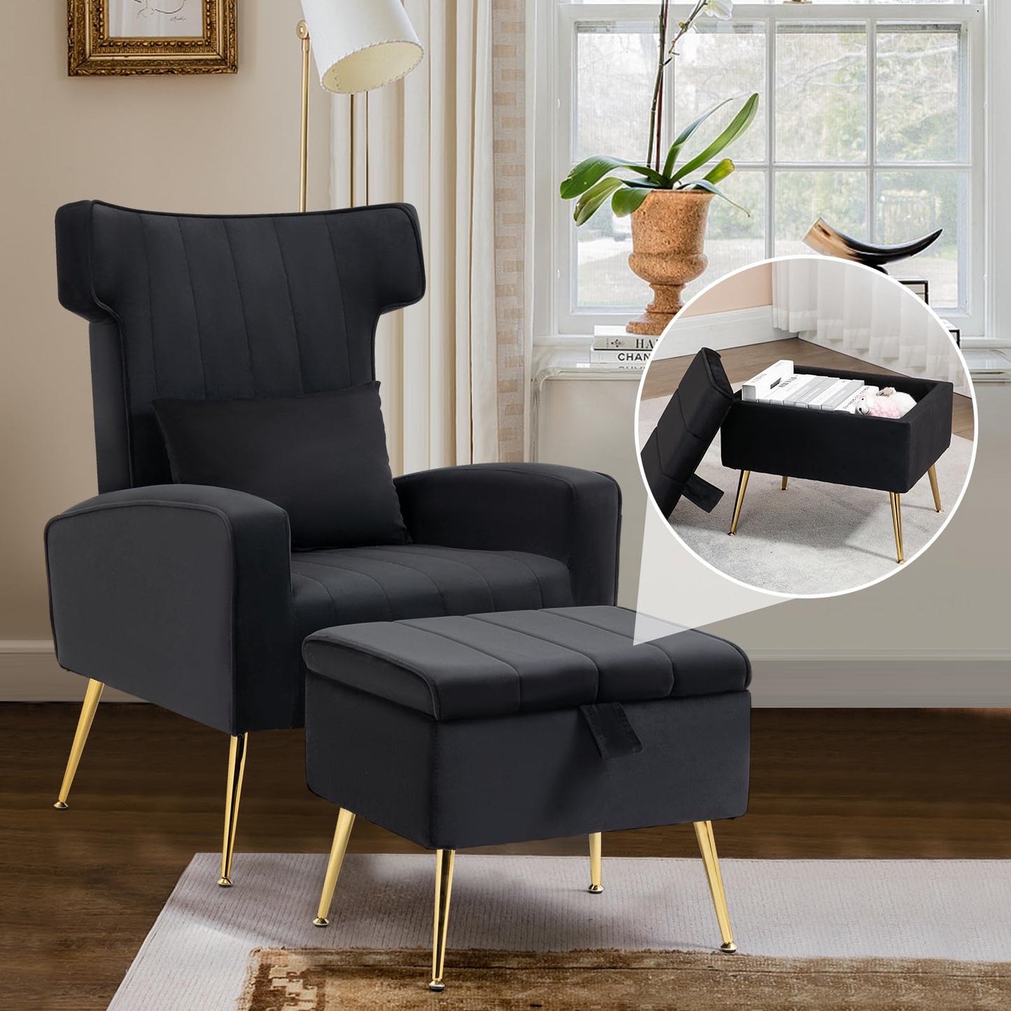 Velvet Accent Chairs Set of 2, Mid Century Modern Armchair with Ottoman