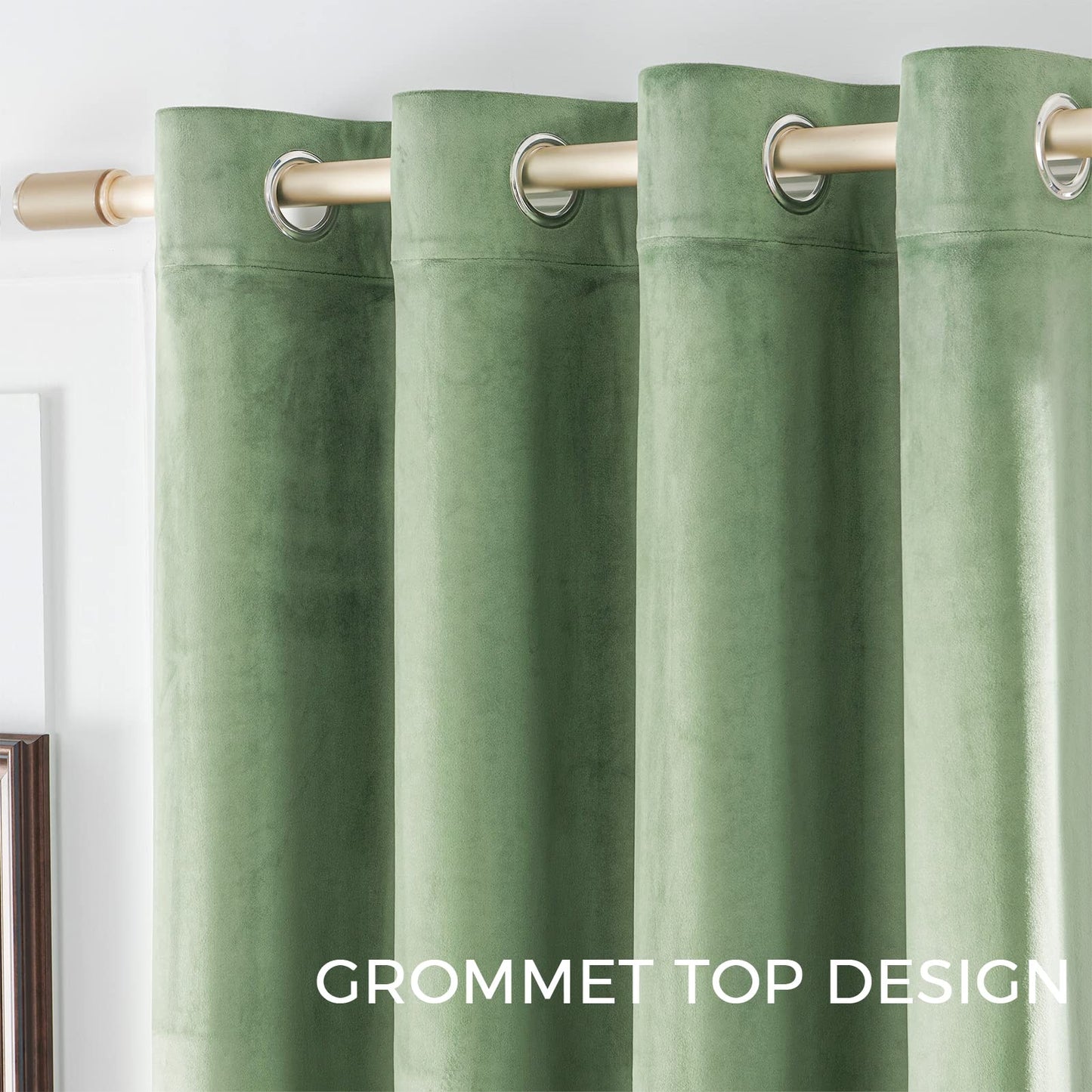 Green Velvet Blackout 90 Inch Curtains, Sage Green, 2 Panels