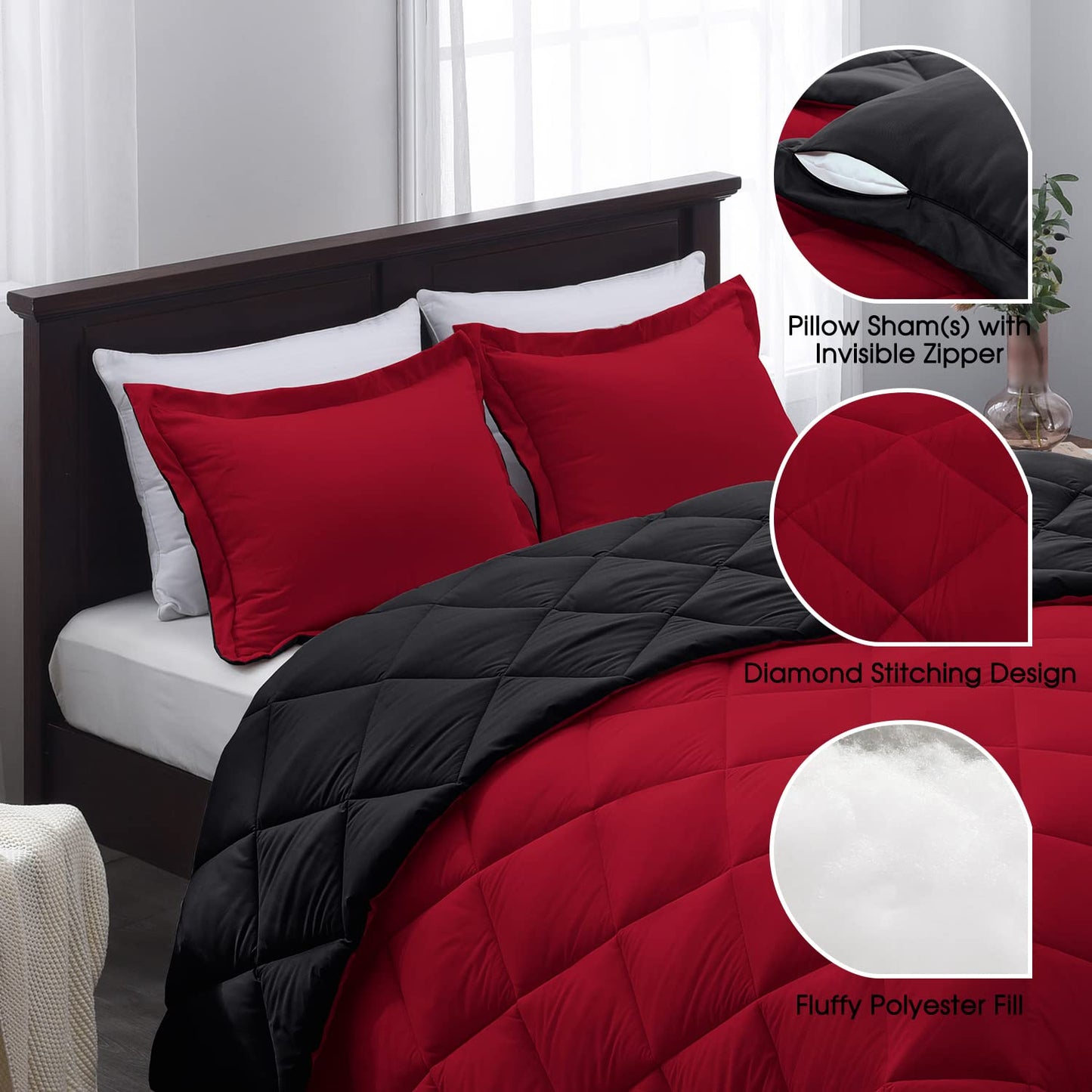 Red and Black Comforter Set Queen Size, Reversible and 2 Pillow Shams