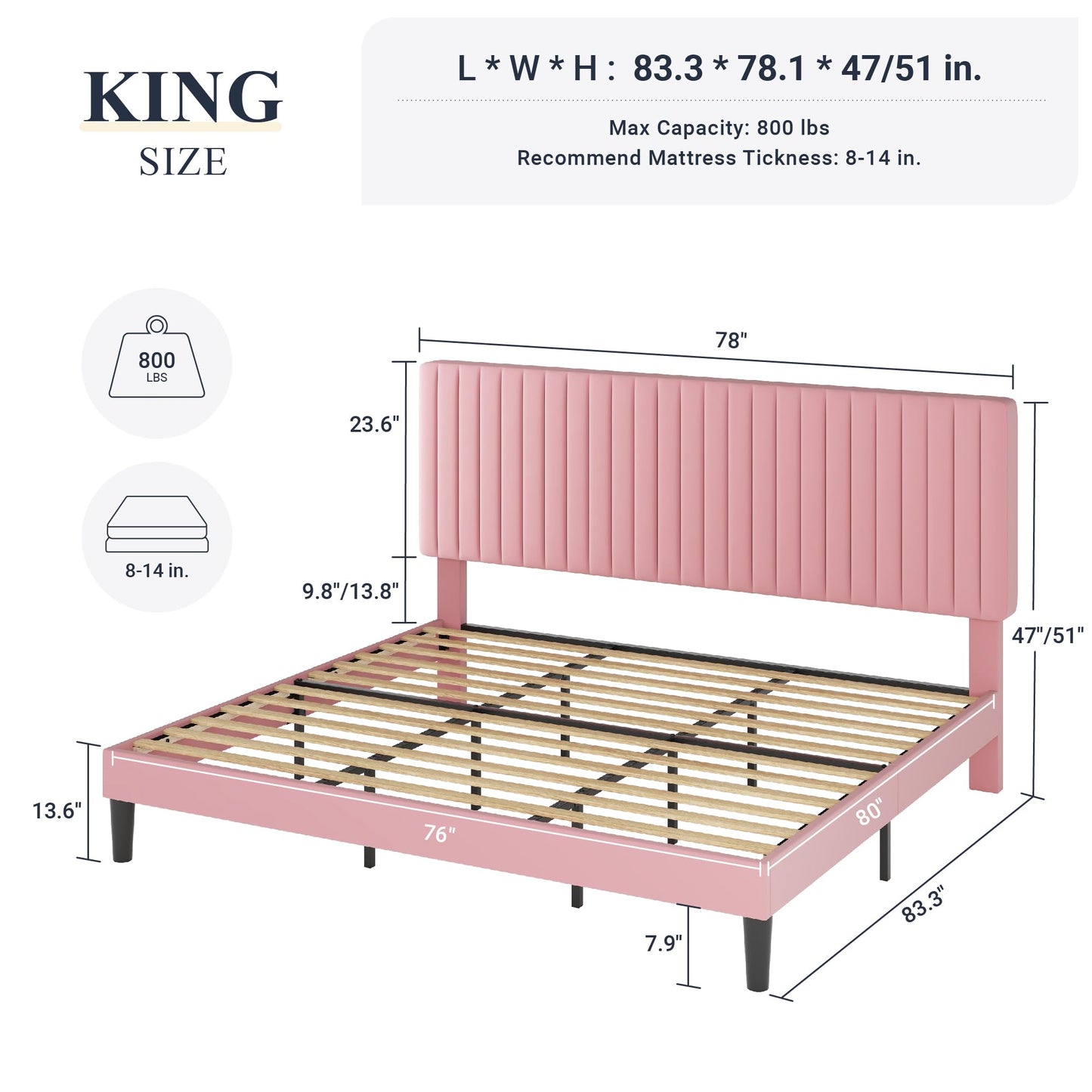 Velvet Upholstered Platform Bed with Adjustable Vertical Channel