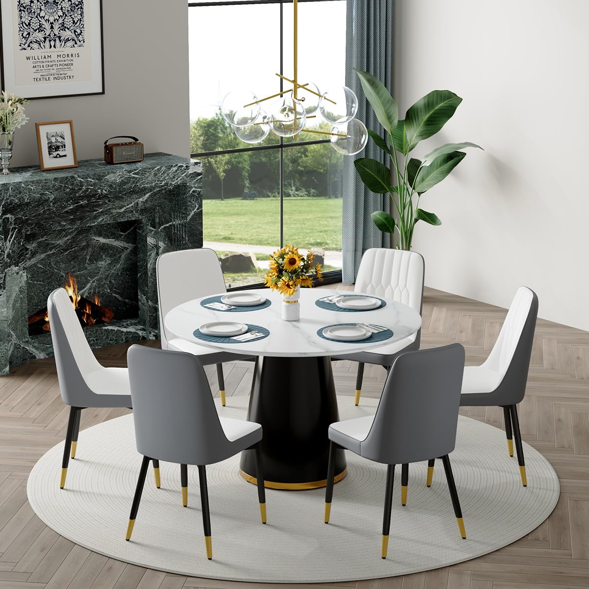 Round Dining Table Set for 6, 45''Round Wooden Dining Set