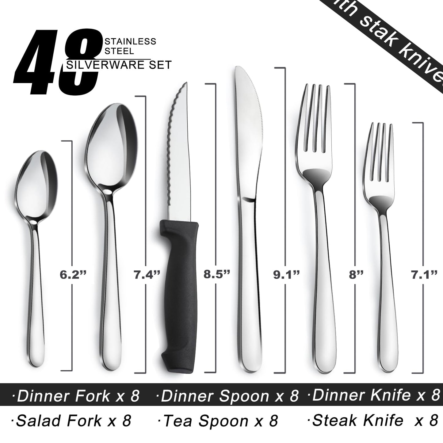 72-Pieces Silverware Sets for 12, Flatware Set with Steak Knives