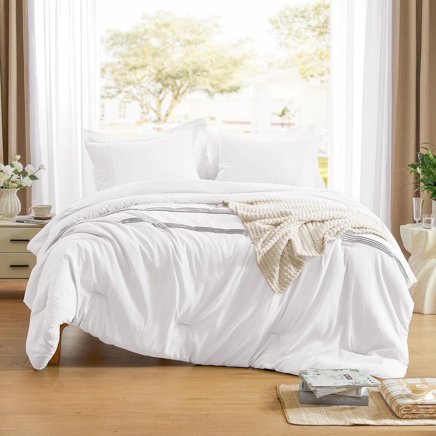 Lightweight Beige Comforter Set Queen Size, Fluffy Comforters