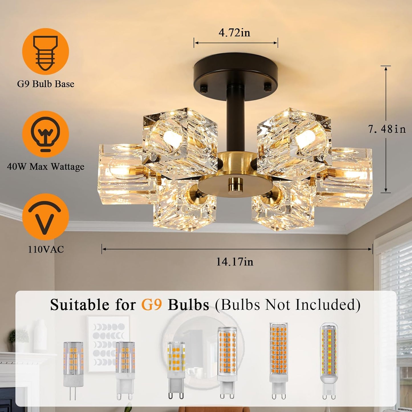 Crystal Light Fixture, 6-Light Black Gold Dining Room Light Fixture