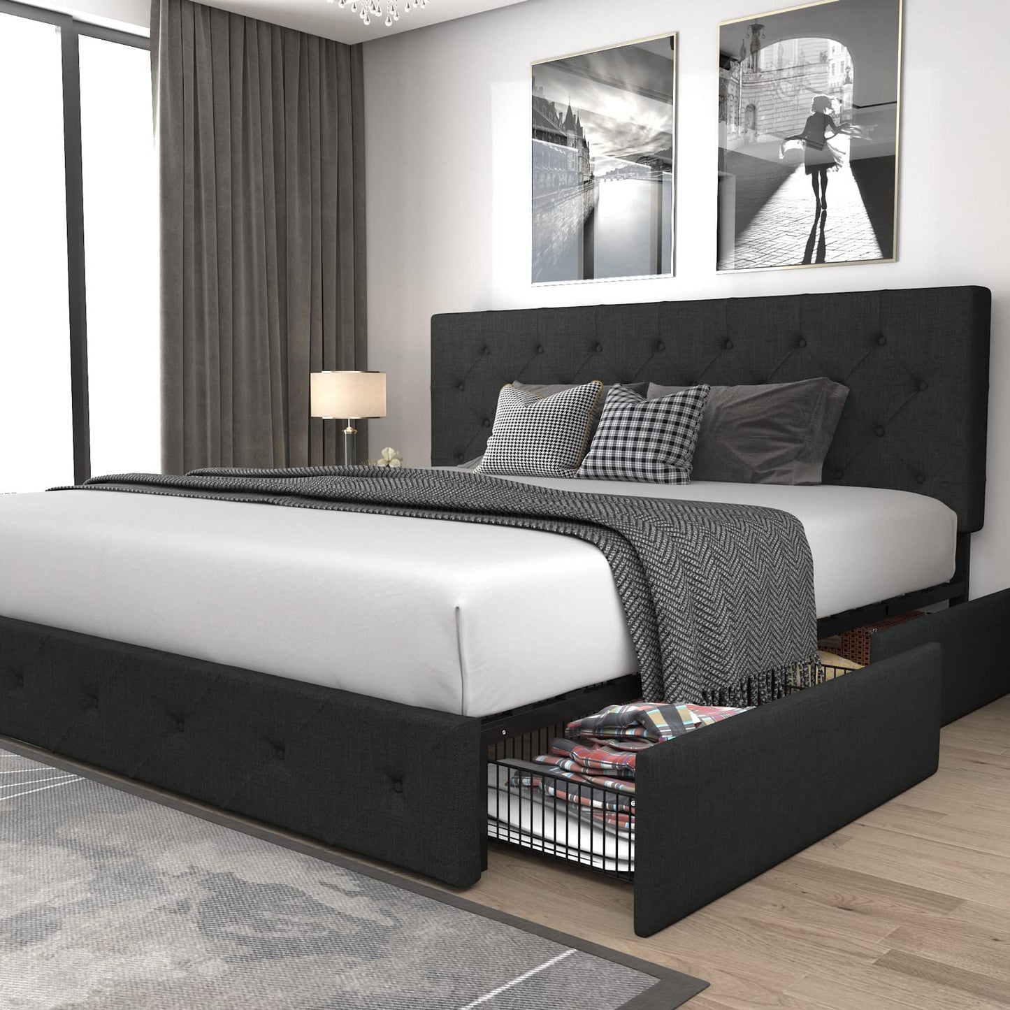 Upholstered Platform Bed Frame with 4 Storage Drawers and Headboard