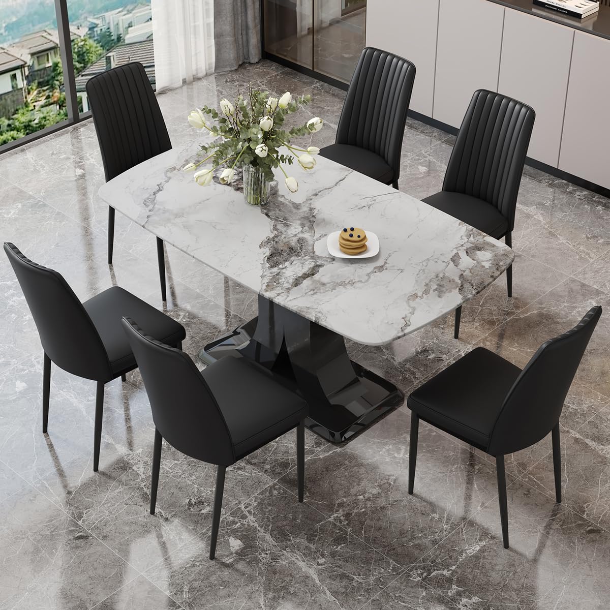 Dining Table Set for 6, White Faux Marble Pattern Table with 6 Modern Dining Chairs