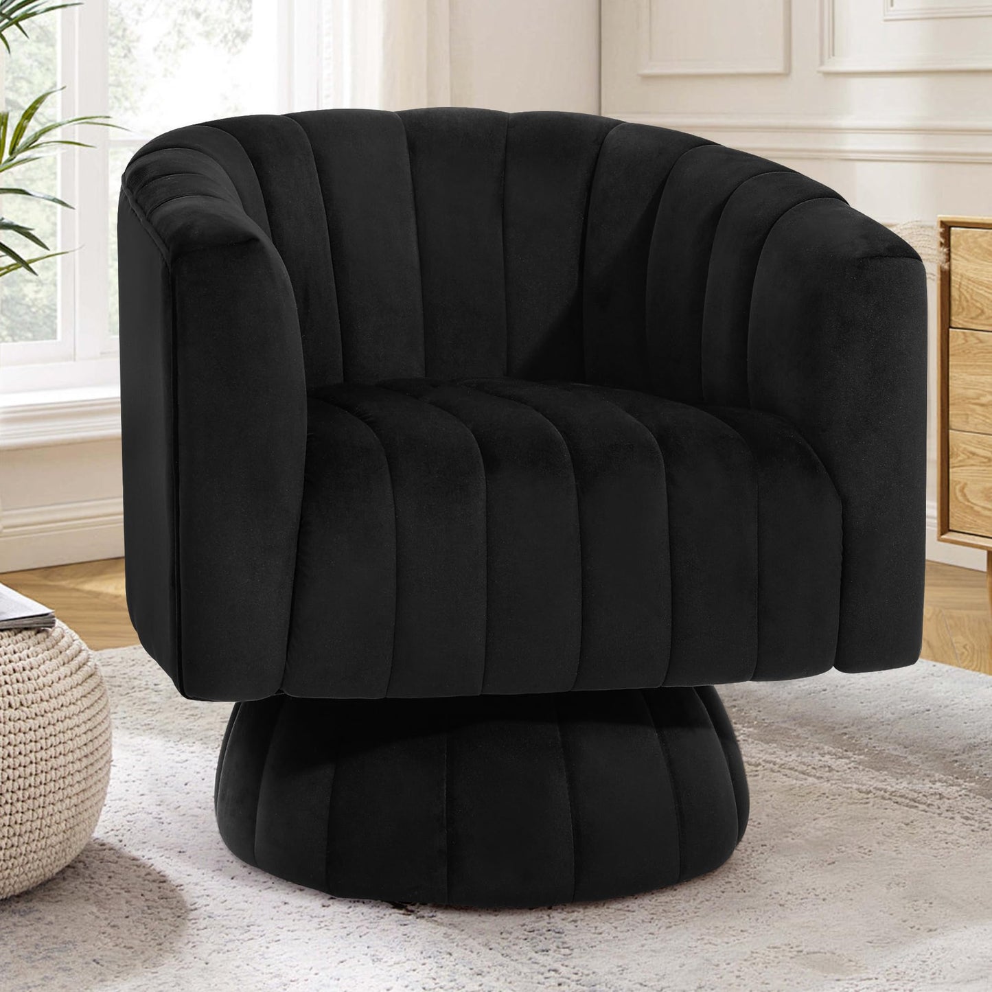 Swivel Barrel Chair with Armrest, Overstuffed Tufted Velvet, Pink