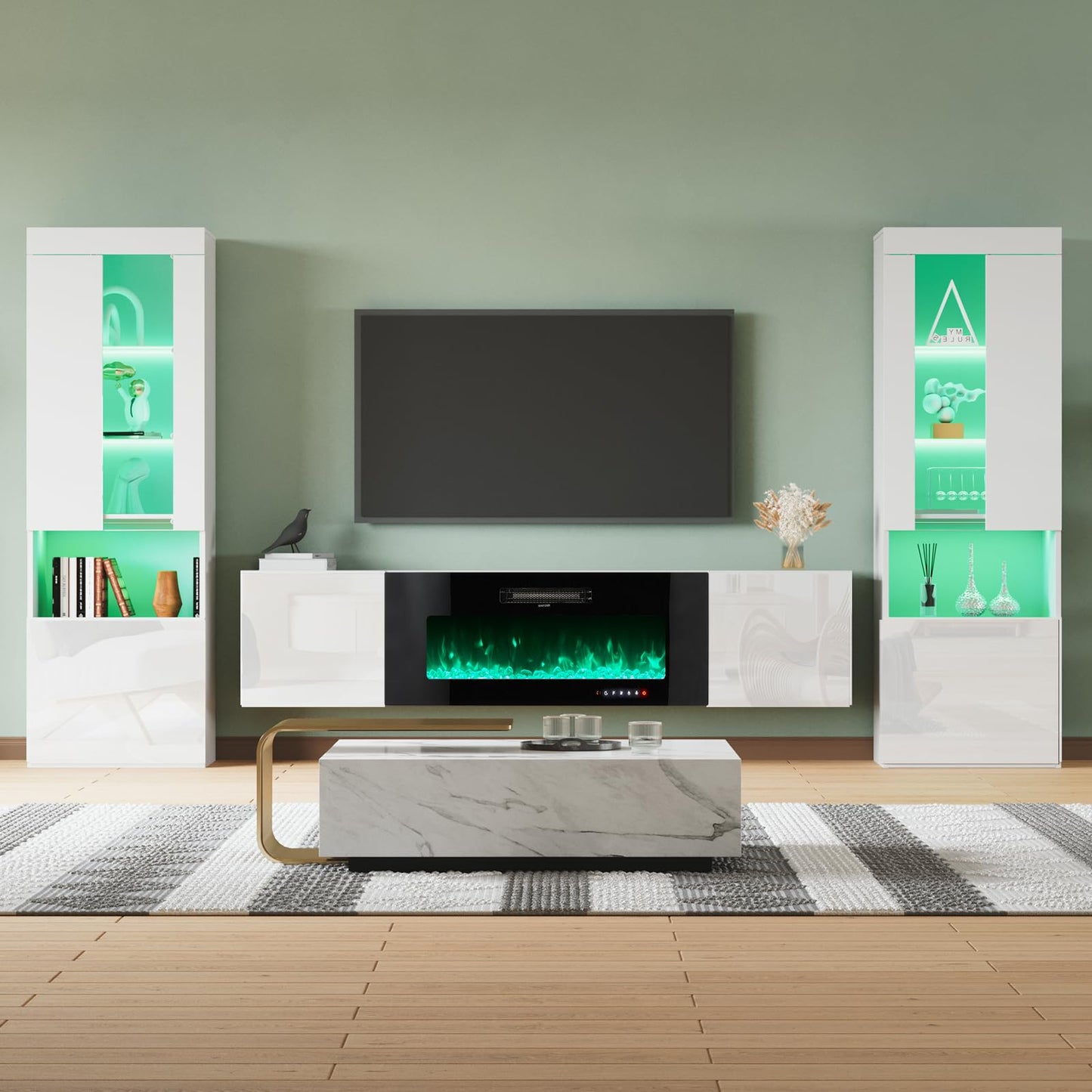 High Gloss Living Room Entertainment Center Including Floating Fireplace