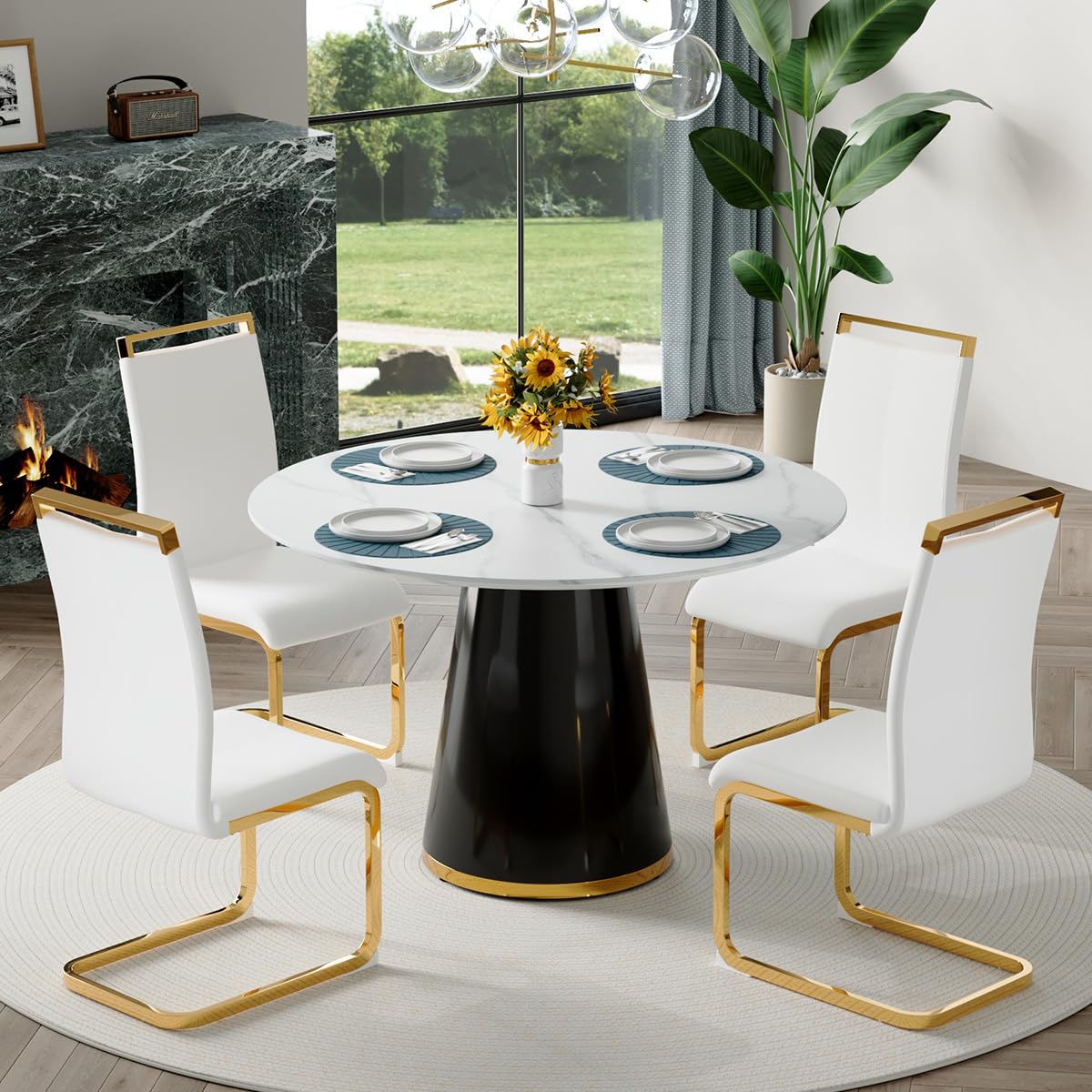 Round Dining Table Set for 6, 45''Round Wooden Dining Set