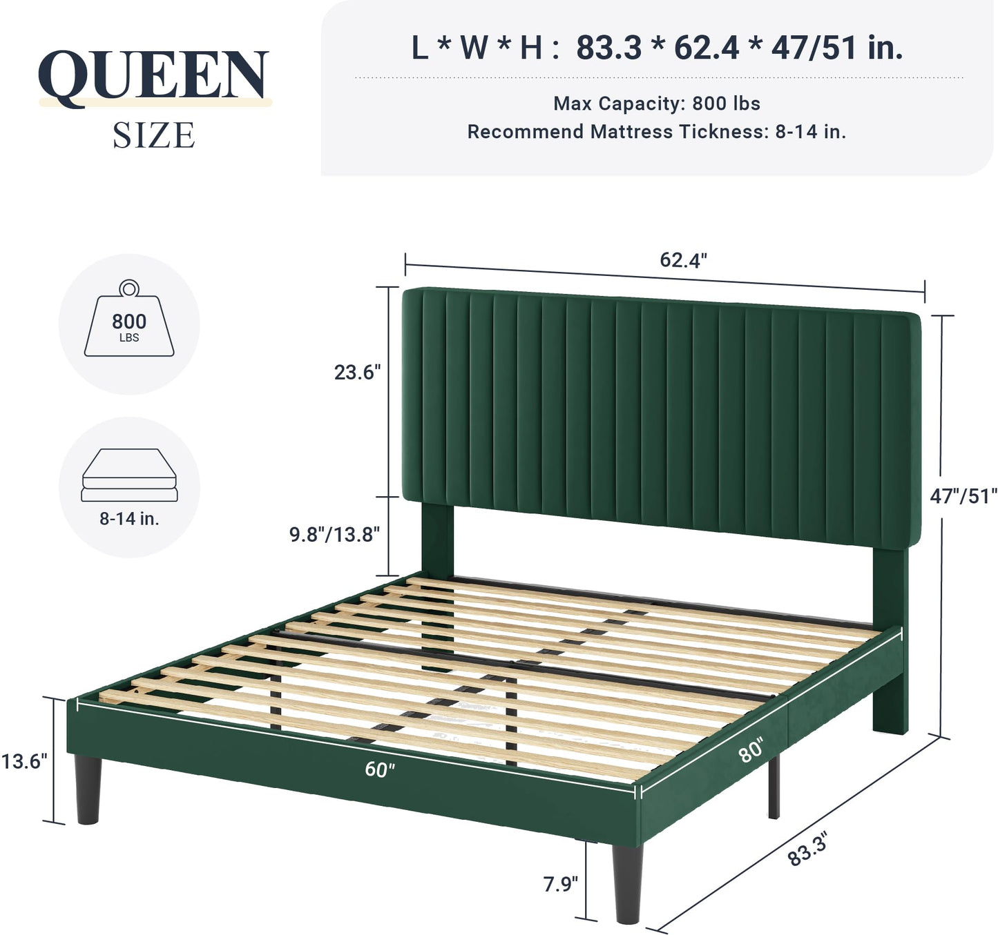 Velvet Upholstered Platform Bed with Adjustable Vertical Channel