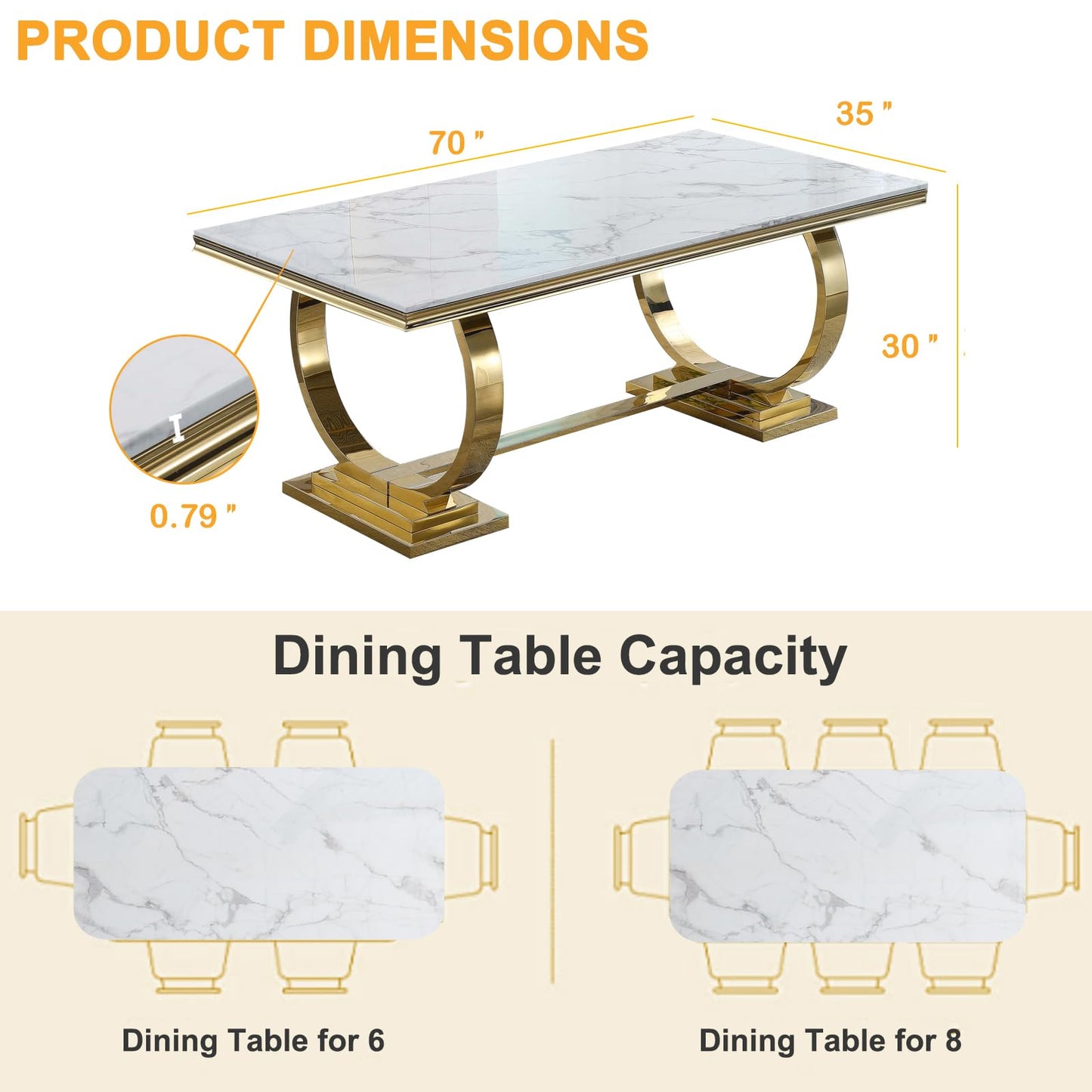 70 Inch White Marble Kitchen Table with Gold Mirrored Cabriole Legs