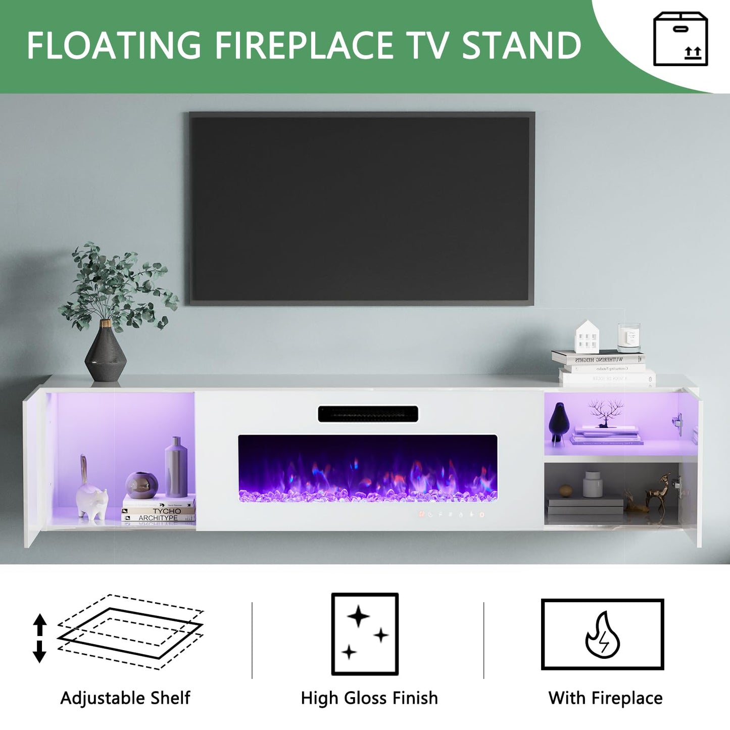 High Gloss Living Room Entertainment Center Including Floating Fireplace