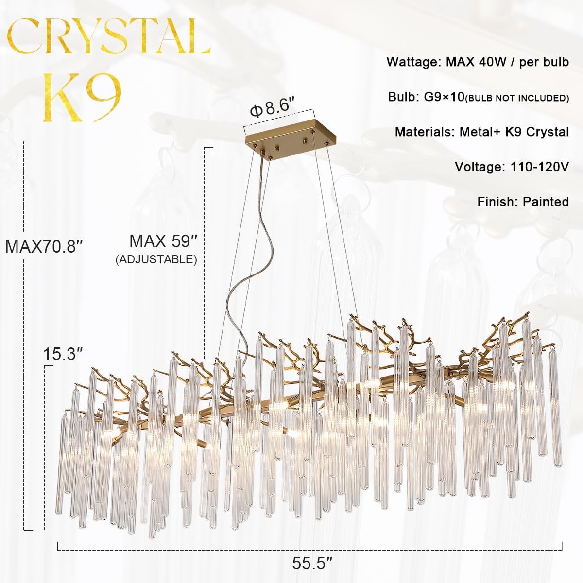 Large Gold Crystal Chandelier 56in Modern Luxury 10-Light