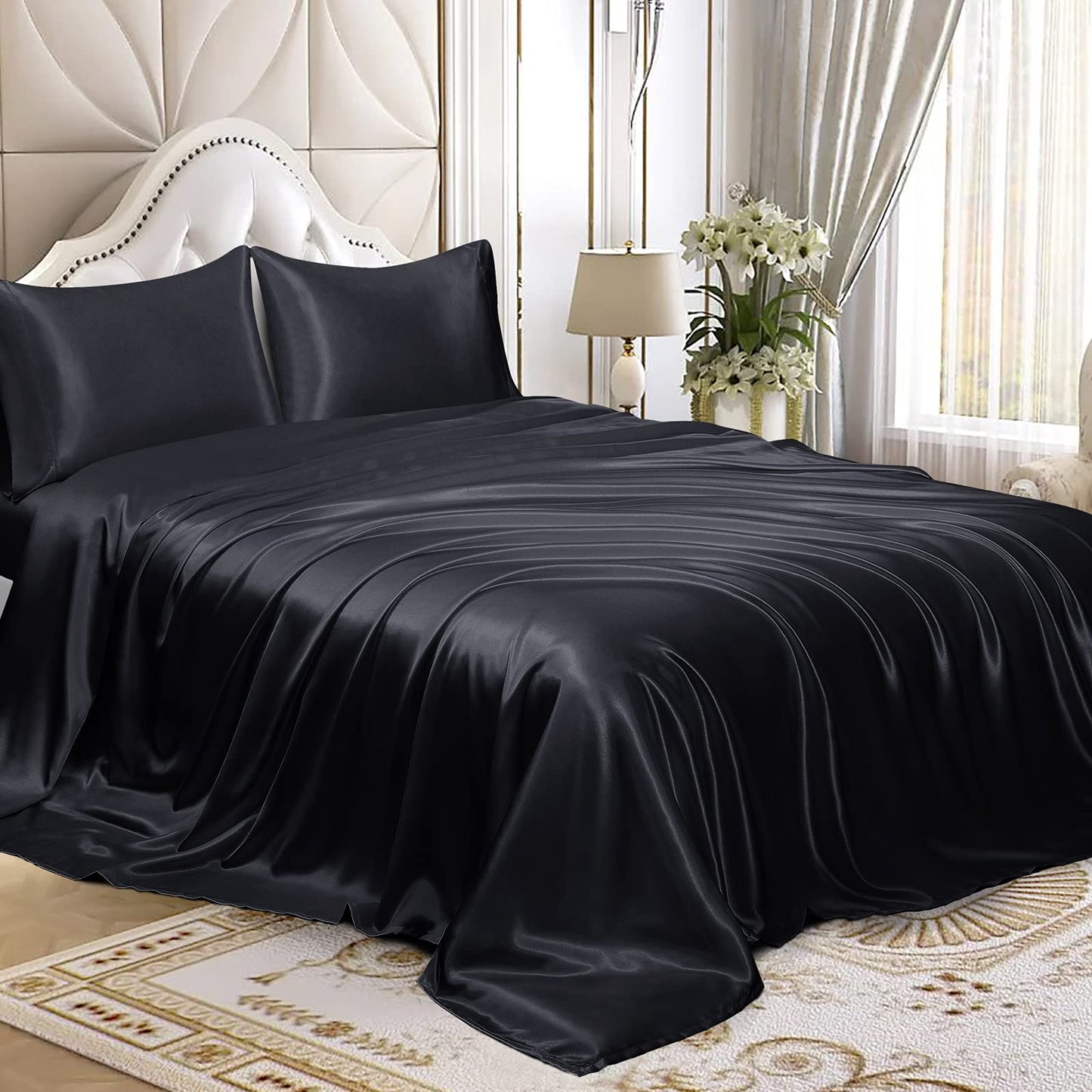 4pcs Satin Sheets Set Luxury Silky Satin Bedding Set with Deep Pocket