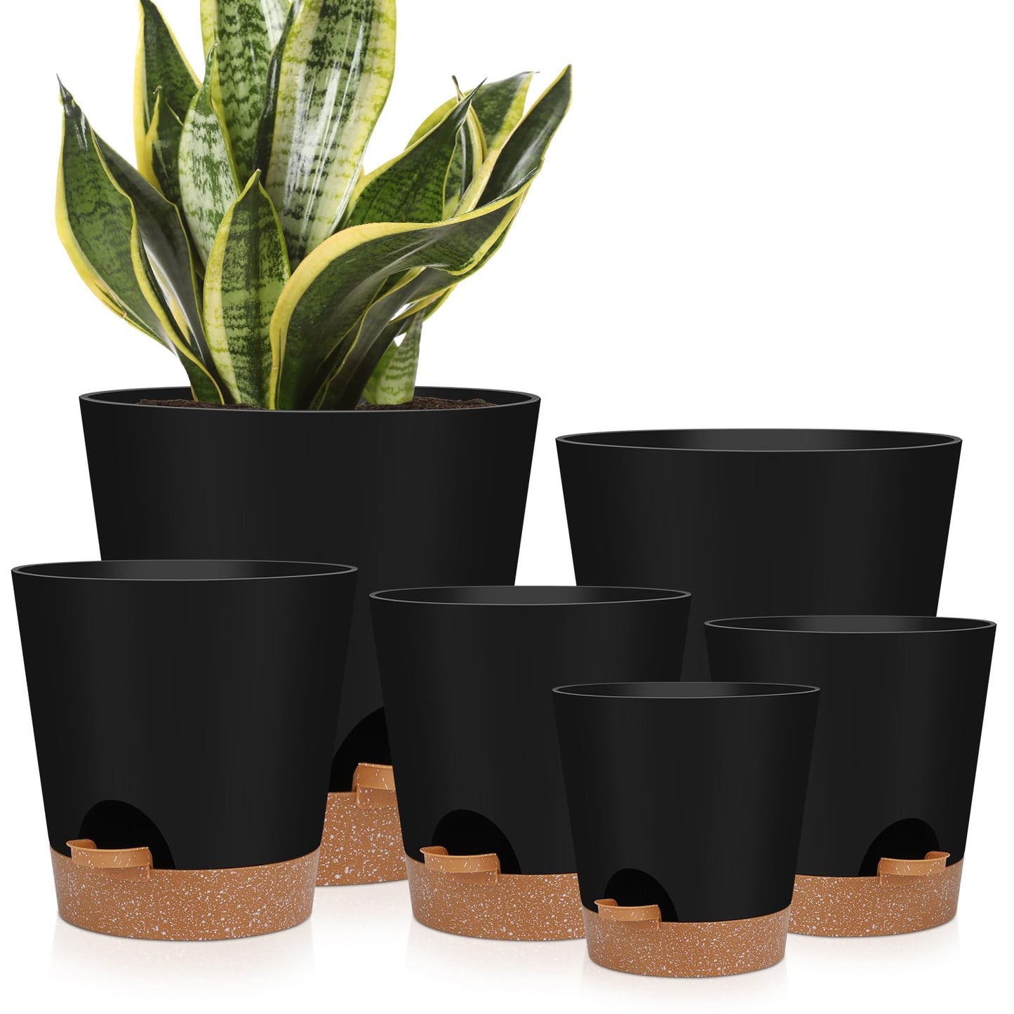 Indoor Self Watering Planters with Drainage Holes and Saucers, Black, 6 Pots