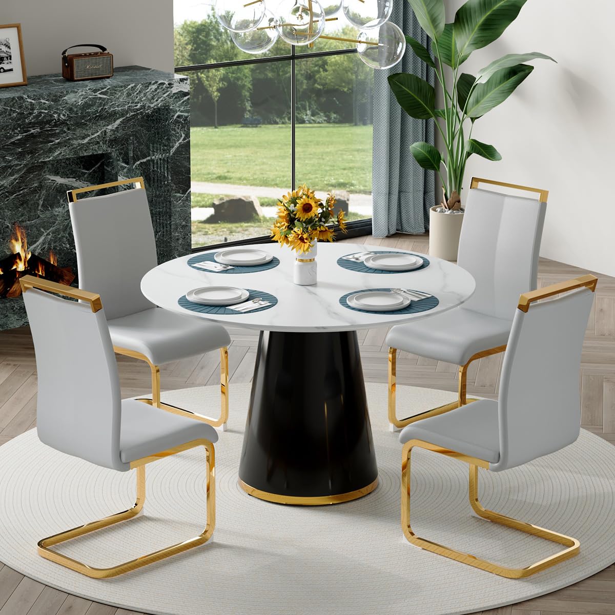 Round Dining Table Set for 6, 45''Round Wooden Dining Set