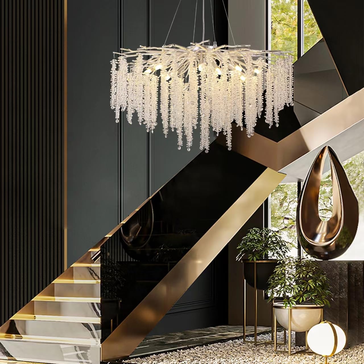 Modern Crystal Tree Branches Chandelier Gold Round Raindrop