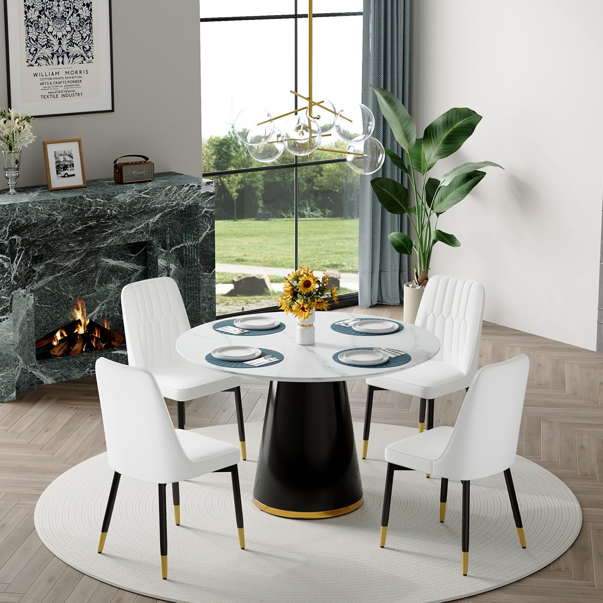 Round Dining Table Set for 6, 45''Round Wooden Dining Set