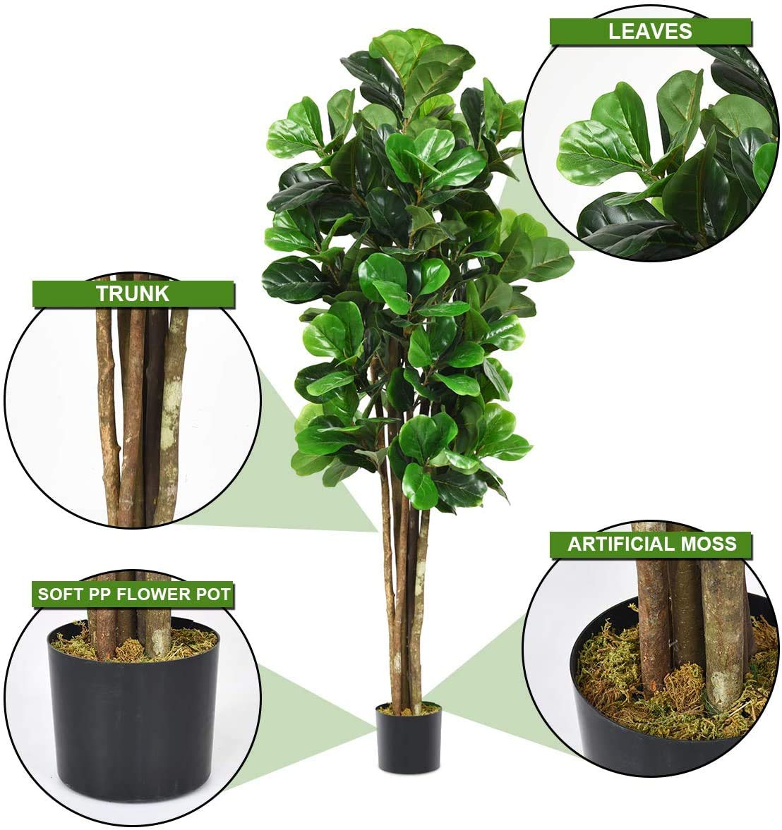 Fiddle Leaf Fig Tree, 6FT Tall Artificial Tree Greenery Plants in Pots