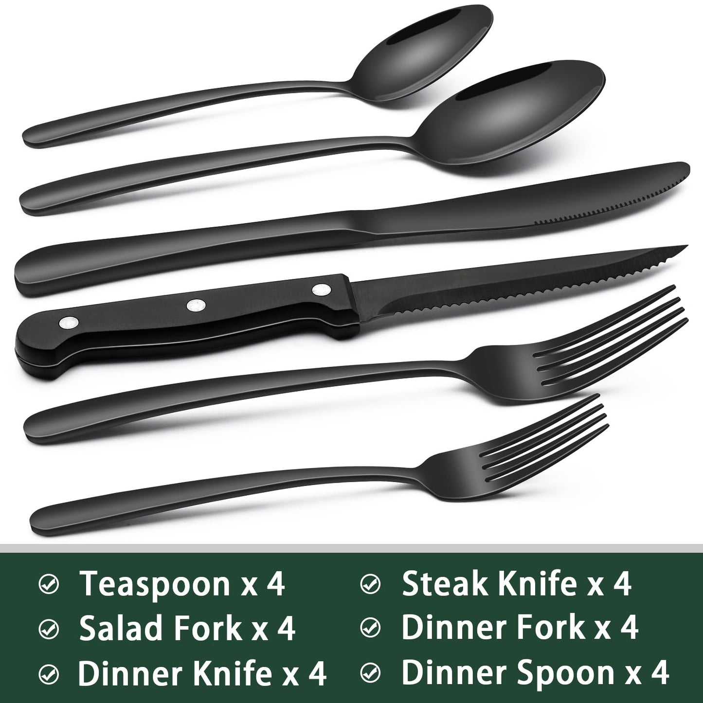 24-Piece Black Silverware Set with Steak Knives, Black Flatware Set for 4