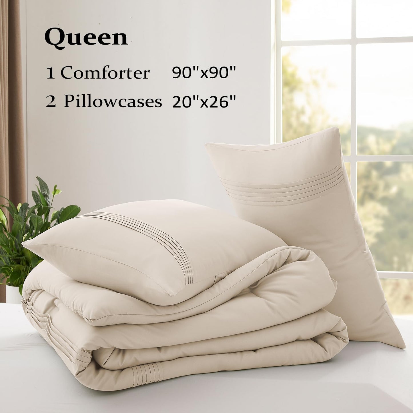 Lightweight Beige Comforter Set Queen Size, Fluffy Comforters