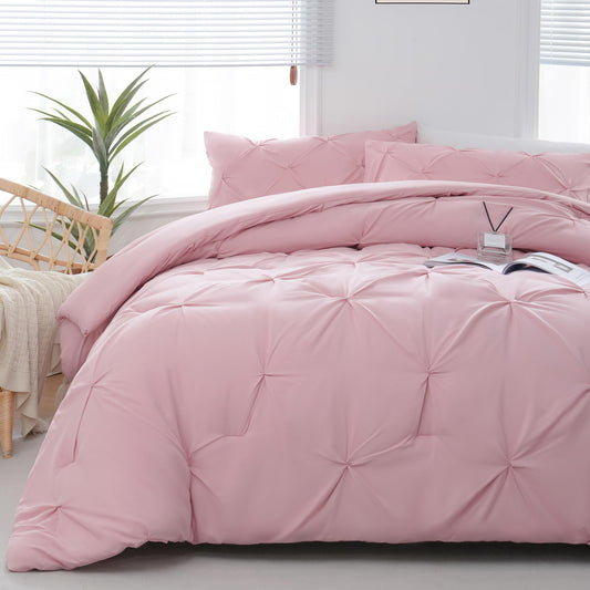 Queen Comforter Set Pink - 3 Pieces Cute Pinch Pleat Bed Set, Soft Fluffy Bedding