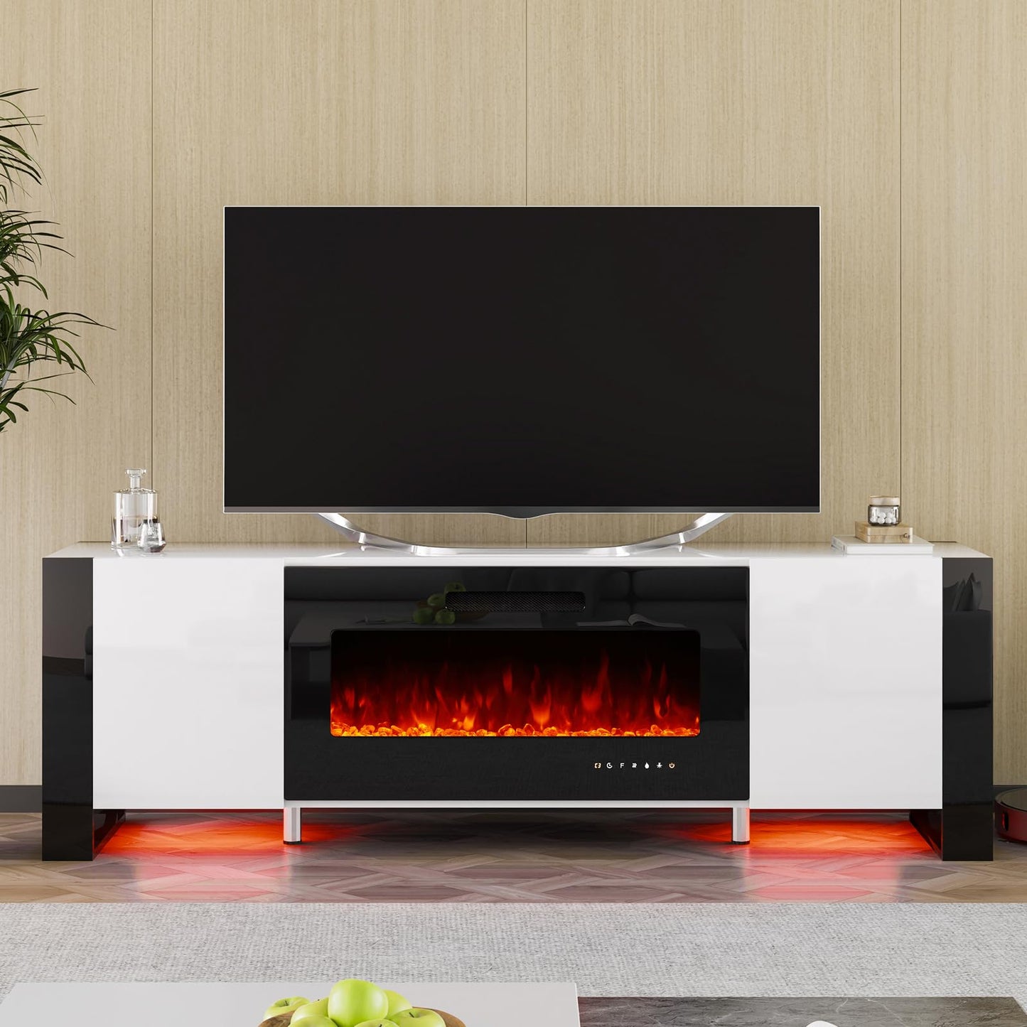 Fireplace TV Stand with 36" Fireplace, 70" Modern High Gloss Entertainment Center