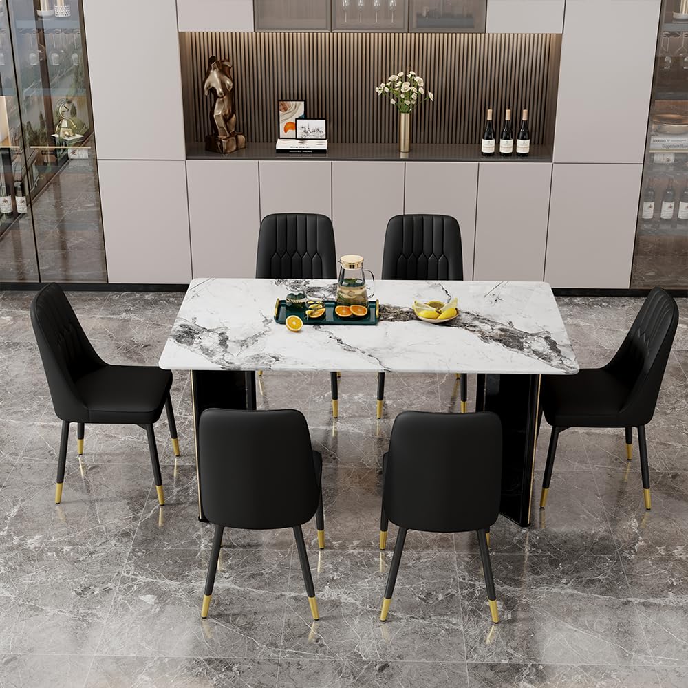 Dining Table Set for 6, White Faux Marble Pattern Table with 6 Modern Dining Chairs